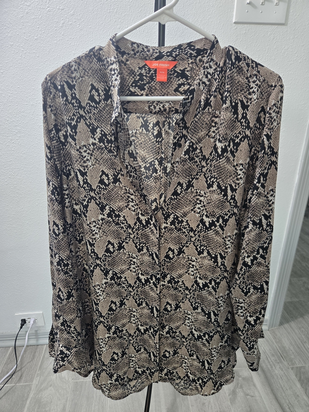 Joe Fresh Snake Print Button-Down Blouse - Black & Tan